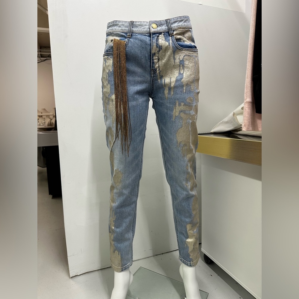 BRAND NEW HELLESSY GOLD PATCHED SKINNY JEAN GOLD FRINGE